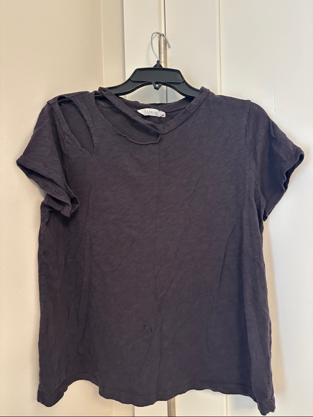 Lush Black Washed Short Sleeve Crewneck Tee with Distressed Neck